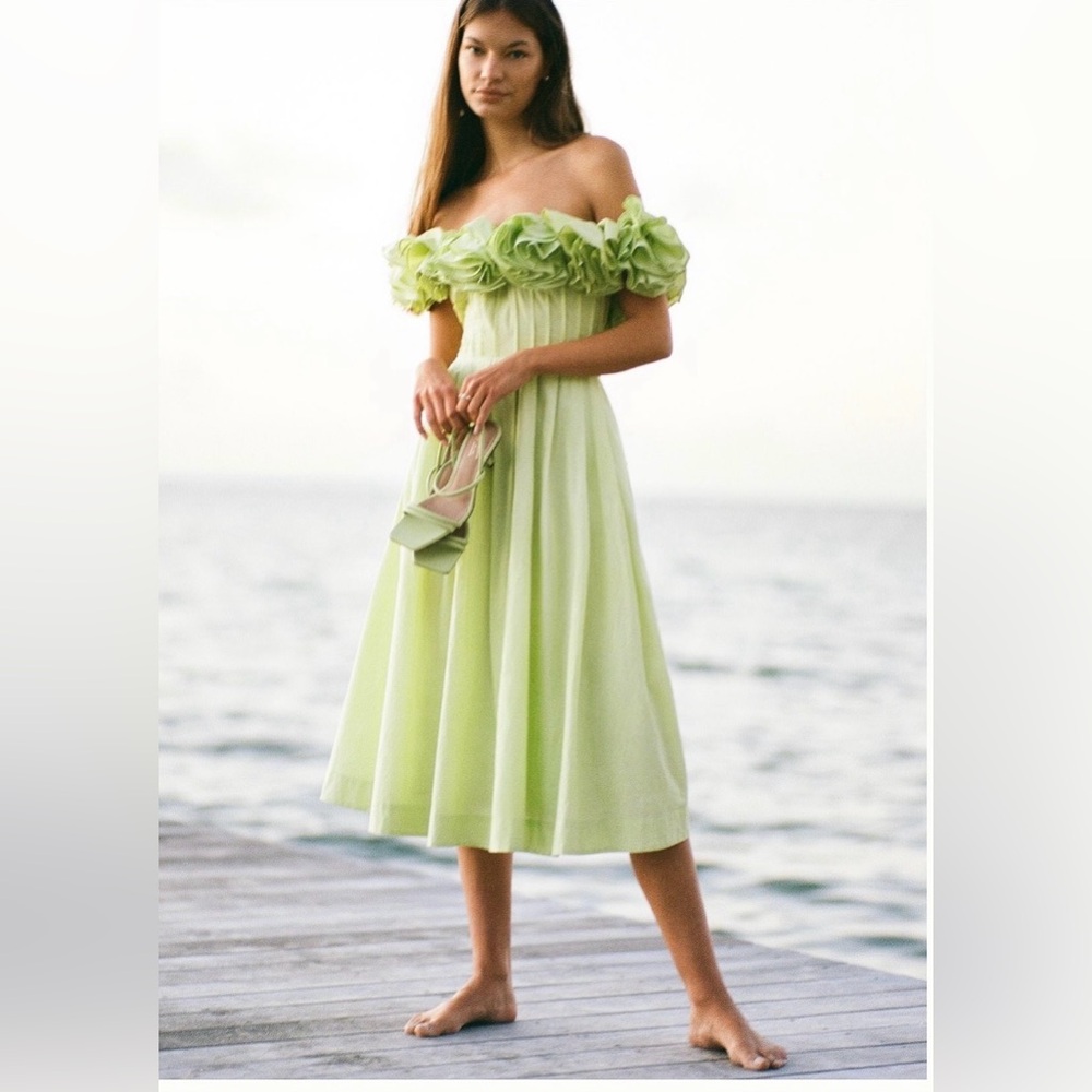 Maeve Off-the-Shoulder Lime Green Floral-Trim Midi Dress